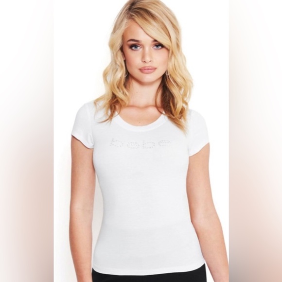 Bebe Logo Rhinestone Tee in White, Size Large. - Picture 1 of 9